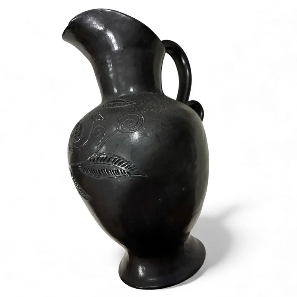 Oaxacan Black Folk Art Vase Barro Negro Bird Design and Flowers Water Jug/Vase